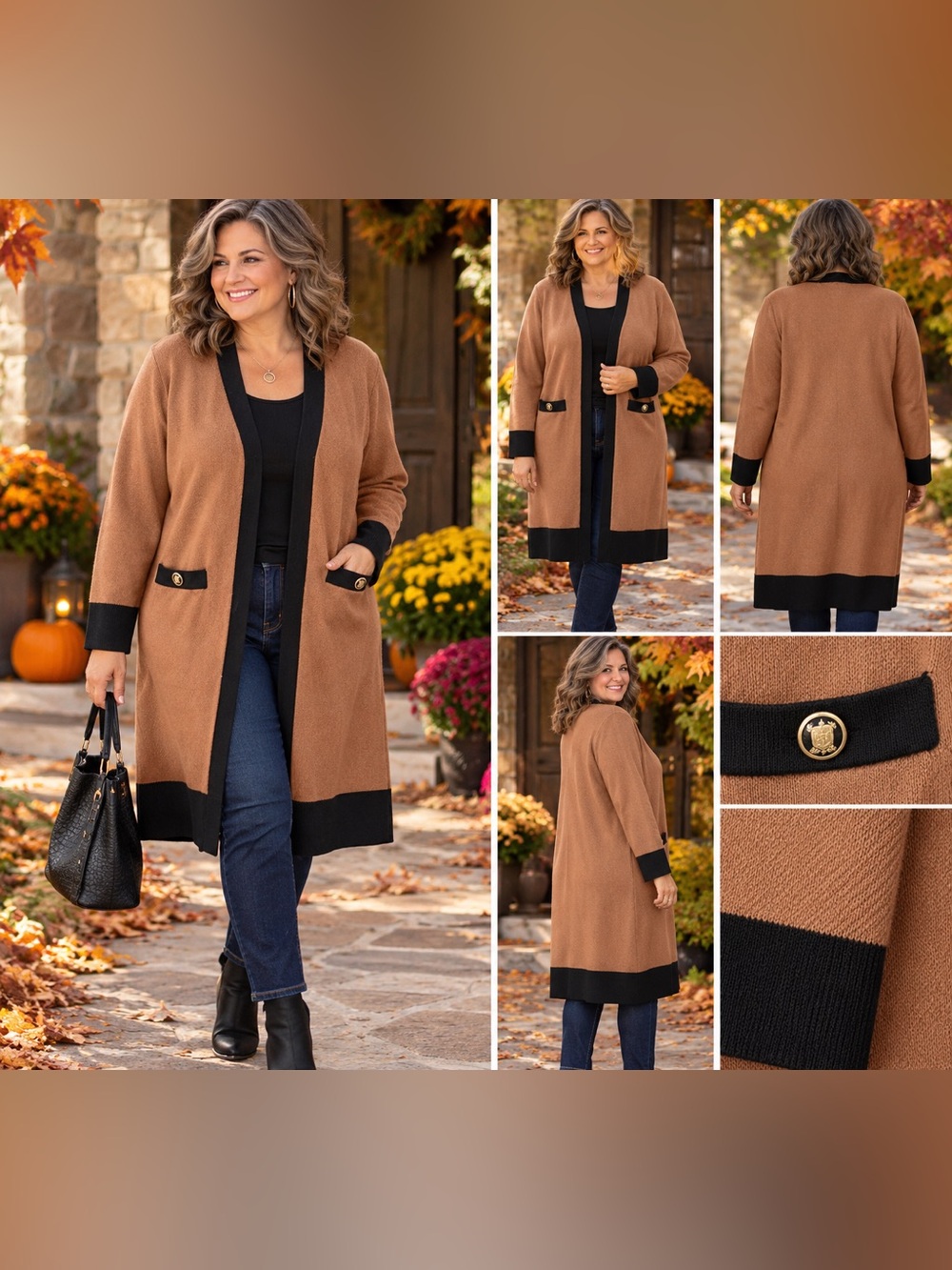 Carmen Marc Valvo Camel Long Open-Front Cardigan with Black Trim 1X